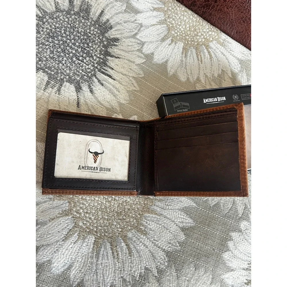 American Bison Mens Bifold Wallet Genuine Leather RFID Secure Brown Skull Logo